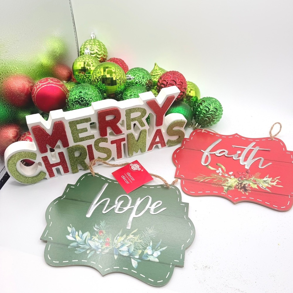 Christmas Decoration Lot Red Green Ornaments Merry Christmas Sign Hope Faith